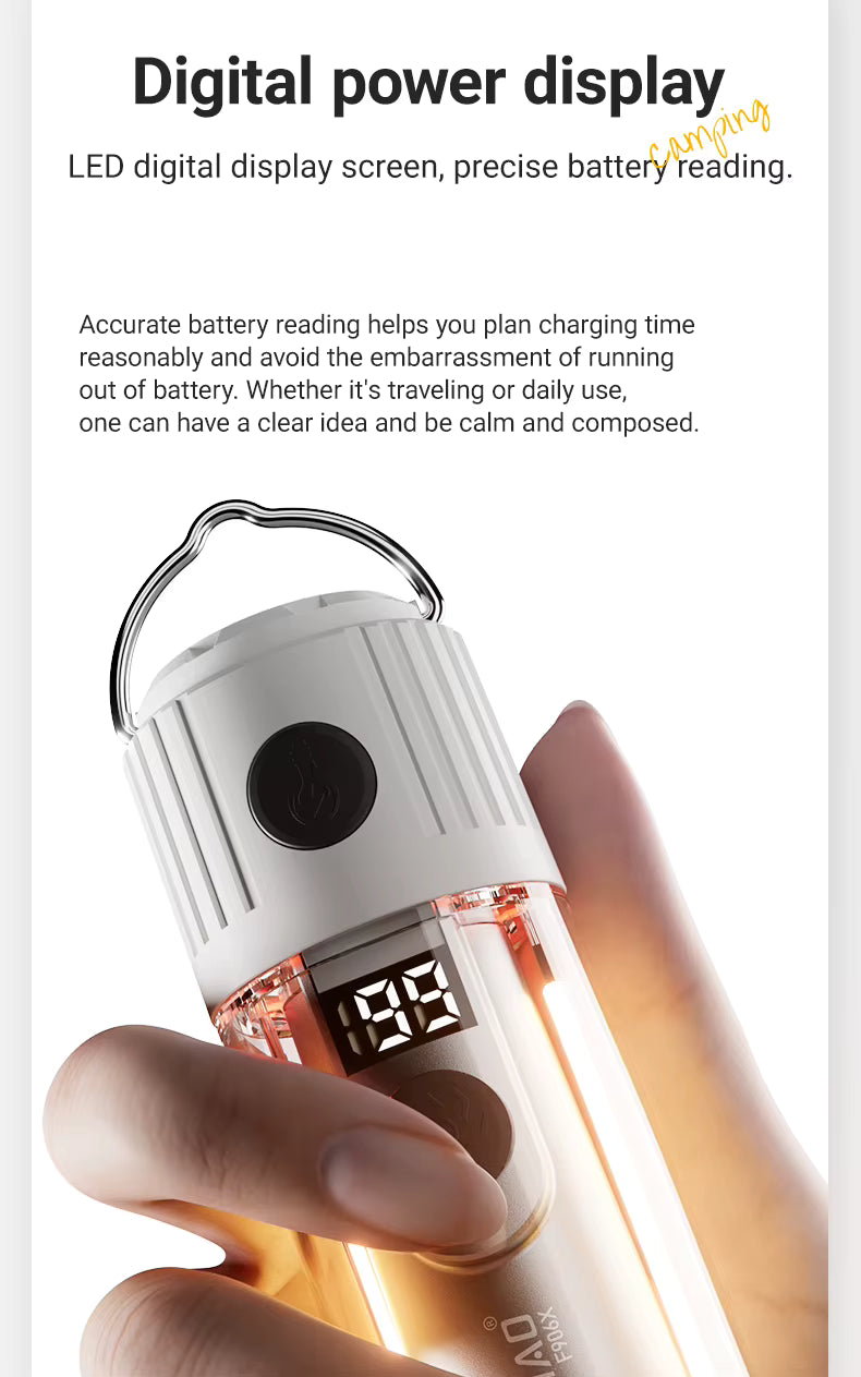 Hand holding a flashlight with digital power display and text about battery accuracy.