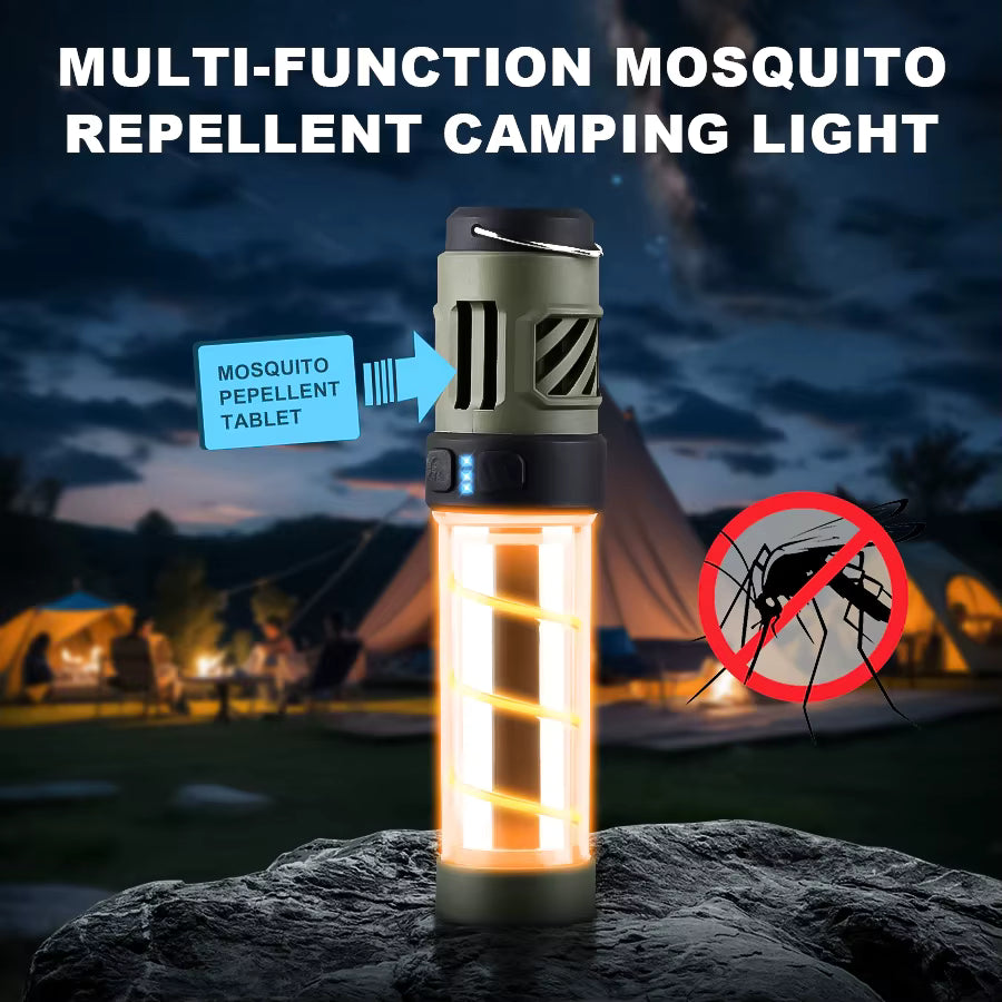 Multi-function mosquito repellent camping light with a camping scene in the background