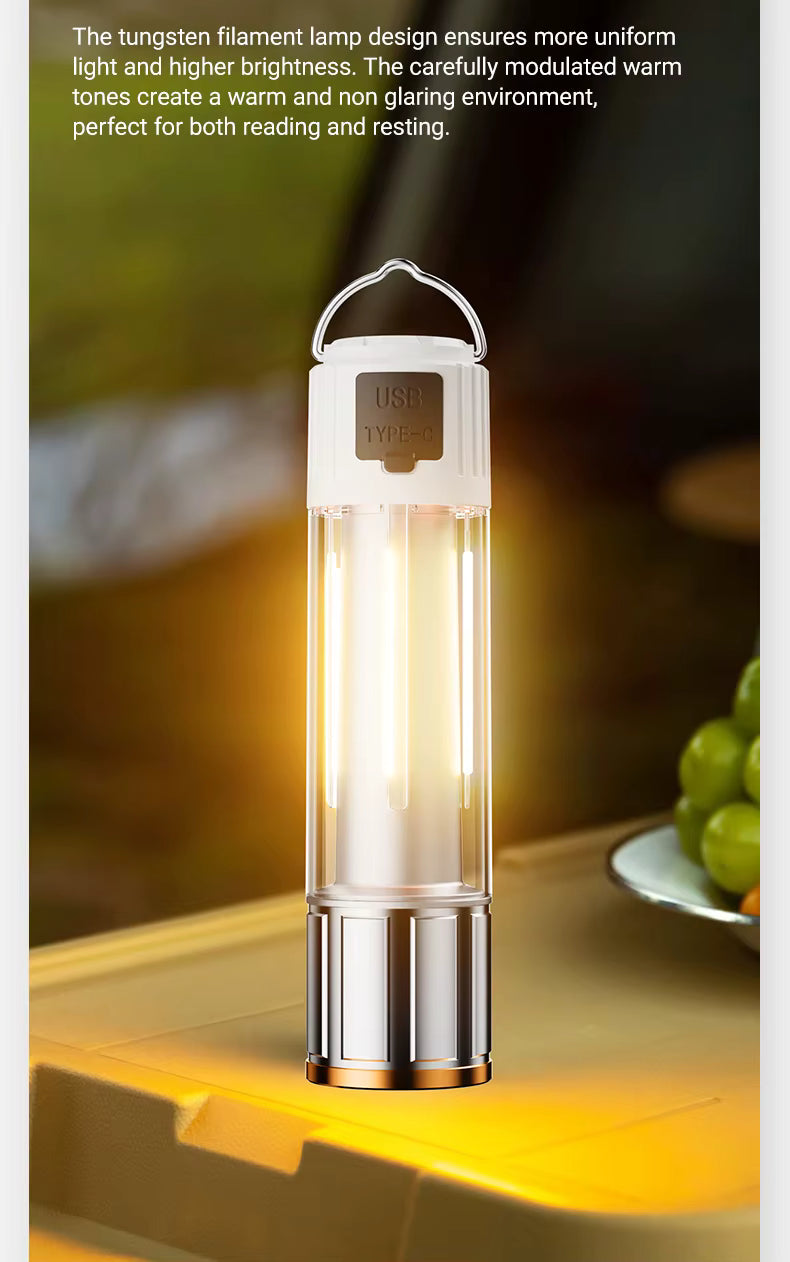 Tungsten filament lamp on a table with text about its design and benefits.