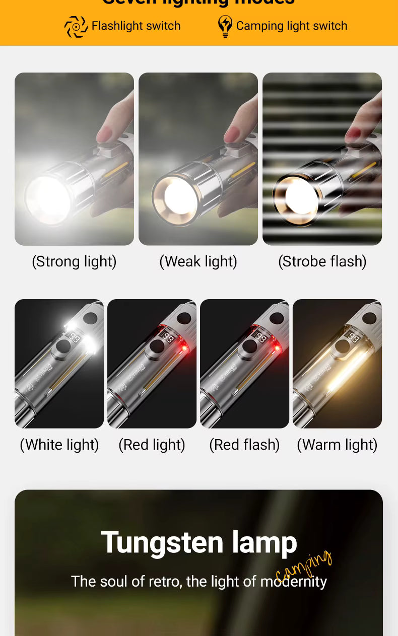 Illustration of a flashlight with various lighting modes displayed.