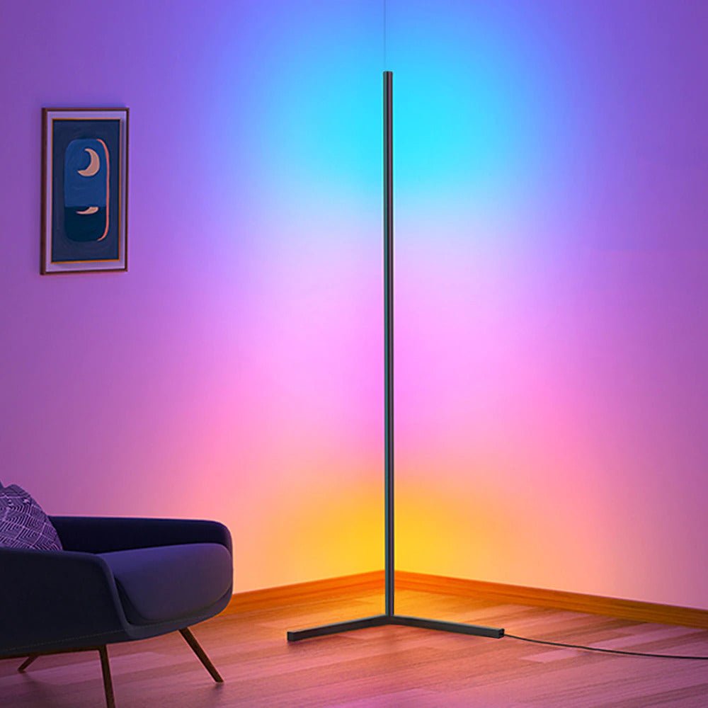 Music sync RGB floor lamp with colorful light effects in gaming setup