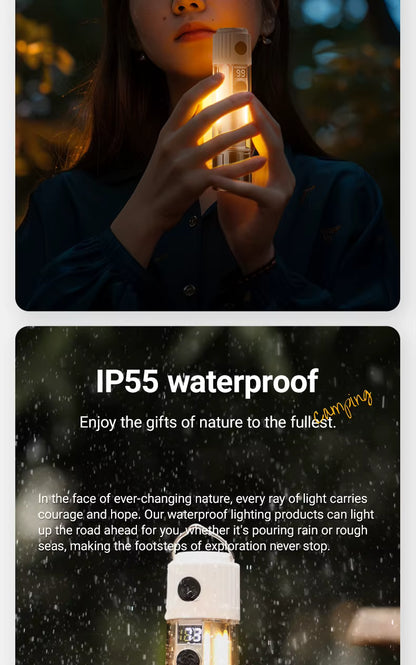 Person holding a light-emitting device with text about IP55 waterproof rating and product features.