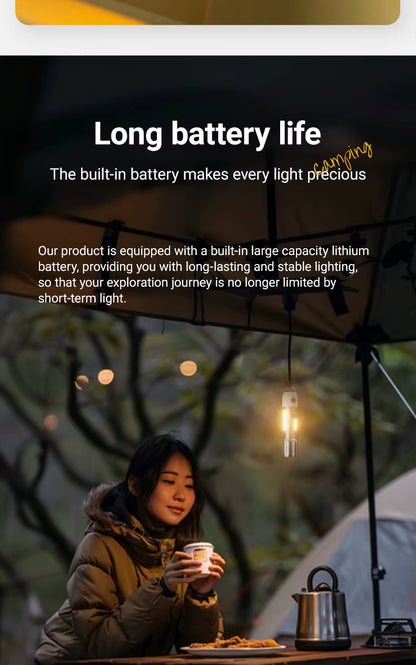 Person sitting at a table with a lighted area, possibly a camping scene, with text about long battery life.