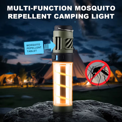 Multi-function mosquito repellent camping light with a camping scene in the background