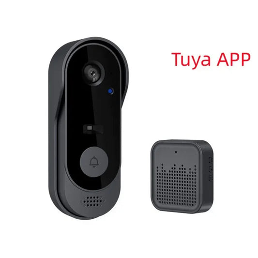 Smart doorbell system with Tuya App branding on a white background