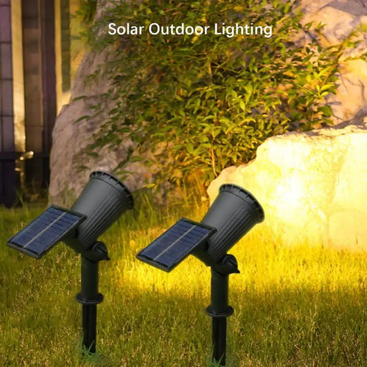 Solar outdoor lights on grass with 'Solar Outdoor Lighting' text.