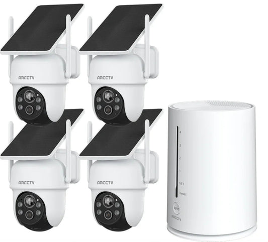 Set of four ANRAN security cameras with solar panels on a white background