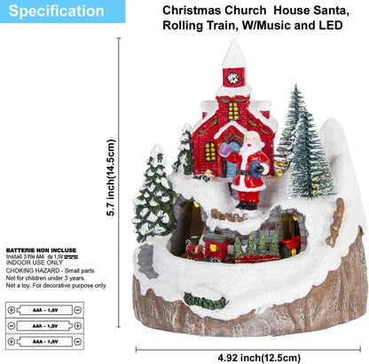 Decorative Christmas scene with a church, Santa, and rolling train on a snowy base.