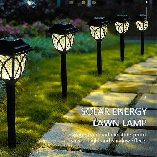 Solar lawn lamps illuminating a garden pathway with 'Tiiif' branding.