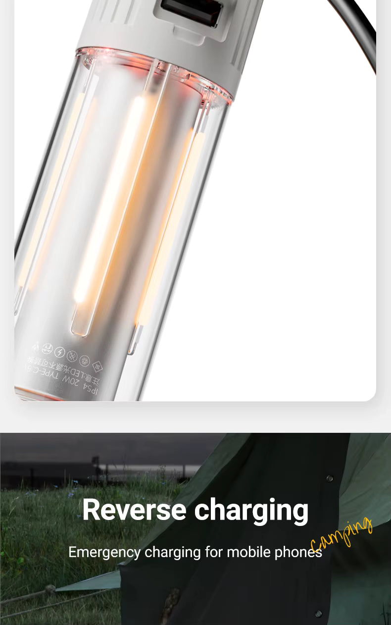 Clear cylindrical device with glowing interior, labeled 'Reverse charging' for emergency phone charging.