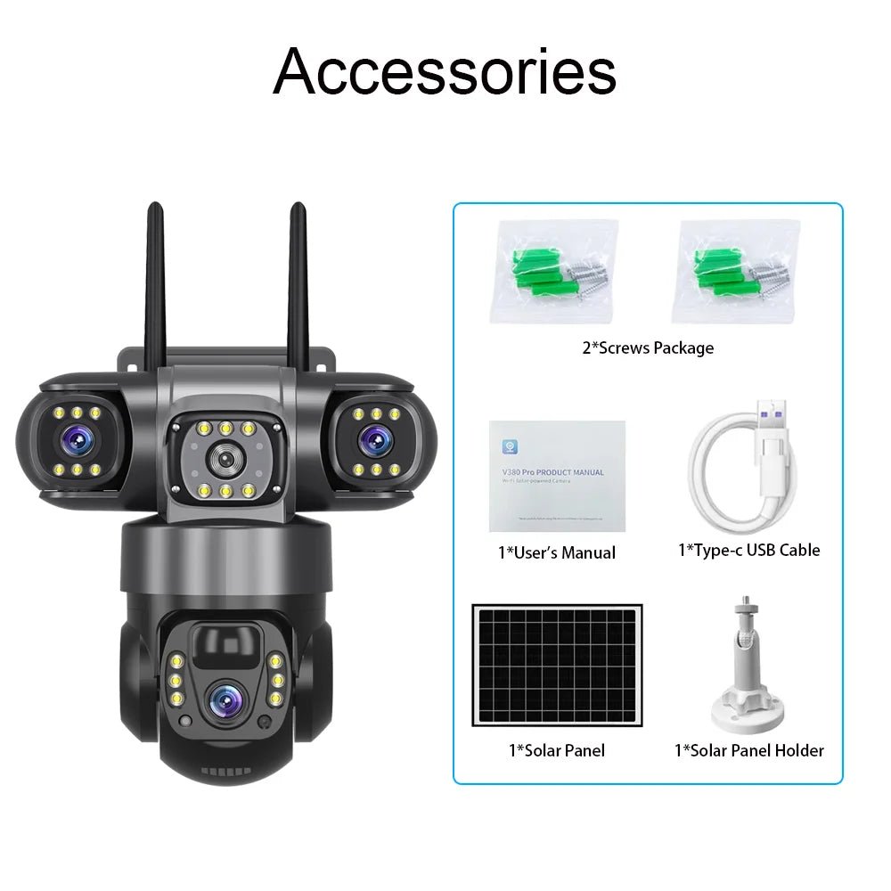 V380 Solar 4G IP Camera – 3x4MP 6K Ultra HD Triple Lens Outdoor Security Camera with Night Vision & Motion Detection - Carry Light